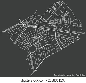 Detailed negative navigation urban street roads map on dark gray background of the quarter Levante district of the Spanish regional capital city of Cordoba, Spain