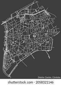 Detailed negative navigation urban street roads map on dark gray background of the quarter Centro district of the Spanish regional capital city of Cordoba, Spain
