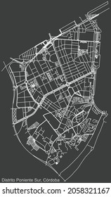 Detailed negative navigation urban street roads map on dark gray background of the quarter Poniente-Sur district of the Spanish regional capital city of Cordoba, Spain