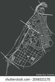 Detailed negative navigation urban street roads map on dark gray background of the quarter Sur district of the Spanish regional capital city of Cordoba, Spain