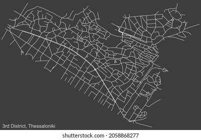 Detailed negative navigation urban street roads map on dark gray background of the quarter Third (3rd) district of the Greek regional capital city of Thessaloniki, Greece