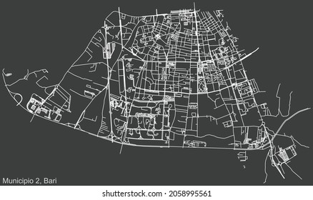 Detailed negative navigation urban street roads map on dark gray background of the quarter Second 2nd municipality (Municipio 2) of the Italian regional capital city of Bari, Italy