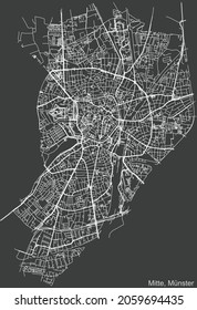 Detailed Negative Navigation Urban Street Roads Map On Dark Gray Background Of The Quarter Mitte District Of The German Regional Capital City Of Münster-Muenster, Germany