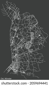 Detailed Negative Navigation Urban Street Roads Map On Dark Gray Background Of The Quarter Ost District Of The German Regional Capital City Of Münster-Muenster, Germany