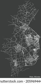 Detailed Negative Navigation Urban Street Roads Map On Dark Gray Background Of The Quarter West District Of The German Regional Capital City Of Münster-Muenster, Germany