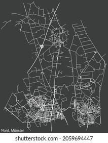 Detailed negative navigation urban street roads map on dark gray background of the quarter Nord district of the German regional capital city of Münster-Muenster, Germany