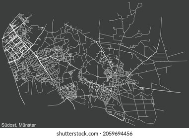 Detailed negative navigation urban street roads map on dark gray background of the quarter Süd-Ost district of the German regional capital city of Münster-Muenster, Germany