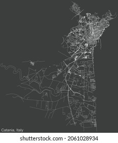 Detailed negative navigation urban street roads map on dark gray background of the Italian regional capital city of Catania, Italy