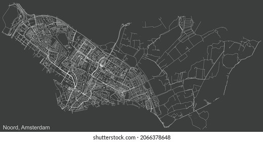 Detailed negative navigation urban street roads map on dark gray background of the quarter Noord (North) district of the Dutch capital city of Amsterdam, Netherlands