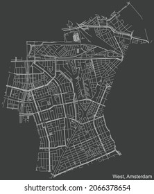 Detailed negative navigation urban street roads map on dark gray background of the quarter West district of the Dutch capital city of Amsterdam, Netherlands