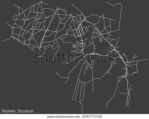 Detailed\
negative navigation urban street roads map on dark gray background\
of the quarter Skolwin municipal neighborhood of the Polish\
regional capital city of Szczecin,\
Poland