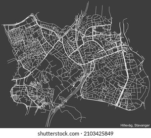 Detailed negative navigation white lines urban street roads map  of the quarter HILLEVÅG BOROUGH  of the Norwegian regional capital city of Stavanger, Norway on dark gray background