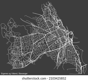 Detailed negative navigation white lines urban street roads map  of the quarter EIGANES OG VÅLAND BOROUGH  of the Norwegian regional capital city of Stavanger, Norway on dark gray background