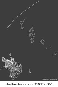 Detailed negative navigation white lines urban street roads map  of the quarter STORHAUG BOROUGH  of the Norwegian regional capital city of Stavanger, Norway on dark gray background