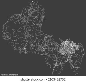 Detailed negative navigation white lines urban street roads map  of the quarter HEIMDAL BOROUGH of the Norwegian regional capital city of Trondheim, Norway on dark gray background