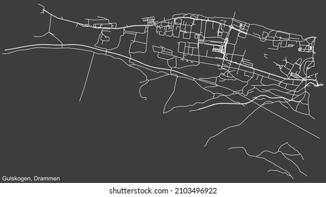 Mapa detallado negativo de las líneas blancas de navegación en las calles urbanas del MUNICIPIO GULSKOGEN del barrio de la capital regional noruega Drammen, Noruega sobre fondo gris oscuro