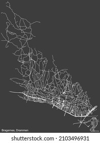 Detailed negative navigation white lines urban street roads map  of the quarter BRAGERNES MUNICIPALITY of the Norwegian regional capital city of Drammen, Norway on dark gray background