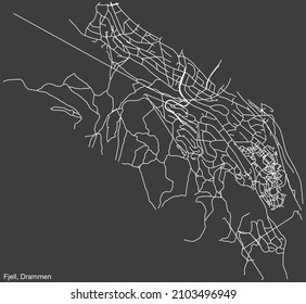 Detailed negative navigation white lines urban street roads map  of the quarter FJELL MUNICIPALITY of the Norwegian regional capital city of Drammen, Norway on dark gray background