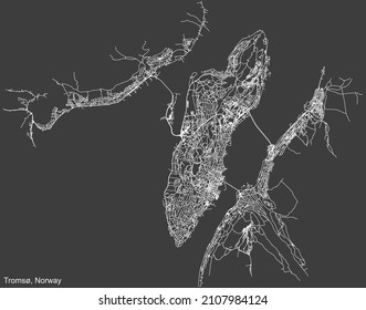 Detailed negative navigation white lines urban street roads map of the Norwegian regional capital city of TROMSØ, NORWAY on dark gray background