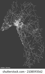 Detailed negative navigation white lines urban street roads map of the Norwegian regional capital city of HALDEN, NORWAY on dark gray background