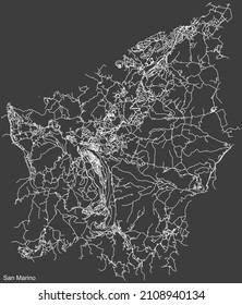 Detailed negative navigation white lines urban street roads map of the Republic of SAN MARINO on dark gray background