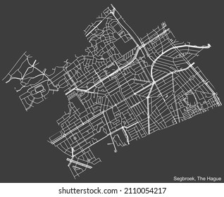 Detailed negative navigation white lines urban street roads map of the SEGBROEK DISTRICT of the Dutch regional capital city The Hague, Netherlands on dark gray background