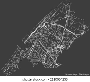 Mapa detallado negativo de las líneas blancas de navegación en las calles urbanas del DISTRITO SCHEVENINGEN de la capital regional holandesa La Haya, Países Bajos sobre fondo gris oscuro