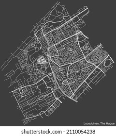 Mapa detallado negativo de las líneas blancas de navegación en las calles urbanas del DISTRITO LOOSDUINEN de la capital regional holandesa La Haya, Países Bajos sobre fondo gris oscuro