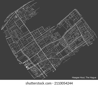 Detailed negative navigation white lines urban street roads map of the HAAGSE HOUT DISTRICT of the Dutch regional capital city The Hague, Netherlands on dark gray background