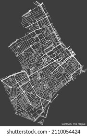 Mapa detallado negativo de las líneas blancas de navegación en las calles urbanas del DISTRITO CENTRUM de la capital regional holandesa La Haya, Países Bajos sobre fondo gris oscuro