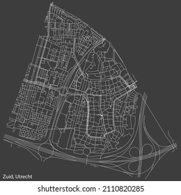 Detailed negative navigation white lines urban street roads map of the ZUID QUARTER of the Dutch regional capital city Utrecht, Netherlands on dark gray background