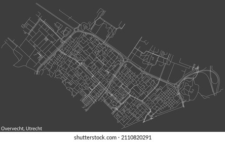 Detailed negative navigation white lines urban street roads map of the OVERVECHT QUARTER of the Dutch regional capital city Utrecht, Netherlands on dark gray background