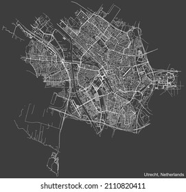 Detaillierte Negativnavigationslinien Stadtstraßen Karte der niederländischen Landeshauptstadt UTRECHT, NIEDERLANDE auf dunkelgrauem Hintergrund