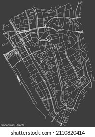 Mapa detallado negativo de las líneas blancas de navegación en las calles urbanas del barrio BINNENSTAD de la capital regional neerlandesa Utrecht, Países Bajos sobre fondo gris oscuro