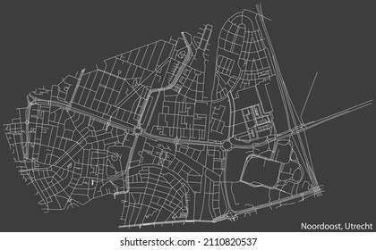 Detailed negative navigation white lines urban street roads map of the NOORDOOST QUARTER of the Dutch regional capital city Utrecht, Netherlands on dark gray background