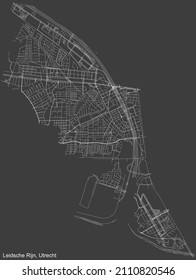 Detailed negative navigation white lines urban street roads map of the LEIDSCHE RIJN QUARTER of the Dutch regional capital city Utrecht, Netherlands on dark gray background