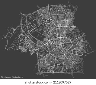 Detailed negative navigation white lines urban street roads map of the Dutch regional capital city of EINDHOVEN, NETHERLANDS on dark gray background