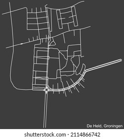 Detailed negative navigation white lines urban street roads map of the DE HELD NEIGHBORHOOD of the Dutch regional capital city Groningen, Netherlands on dark gray background