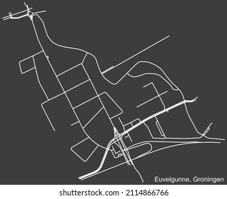 Detailed negative navigation white lines urban street roads map of the EUVELGUNNE NEIGHBORHOOD of the Dutch regional capital city Groningen, Netherlands on dark gray background