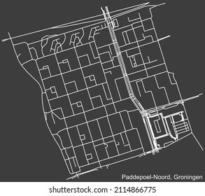 Detailed negative navigation white lines urban street roads map of the PADDEPOEL-NOORD NEIGHBORHOOD of the Dutch regional capital city Groningen, Netherlands on dark gray background
