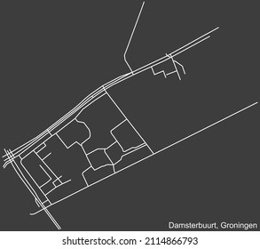 Detailed negative navigation white lines urban street roads map of the DAMSTERBUURT NEIGHBORHOOD of the Dutch regional capital city Groningen, Netherlands on dark gray background