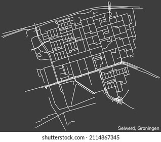 Detailed negative navigation white lines urban street roads map of the SELWERD NEIGHBORHOOD of the Dutch regional capital city Groningen, Netherlands on dark gray background