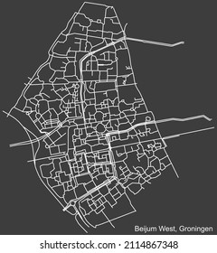 Detailed negative navigation white lines urban street roads map of the BEIJUM-WEST NEIGHBORHOOD of the Dutch regional capital city Groningen, Netherlands on dark gray background