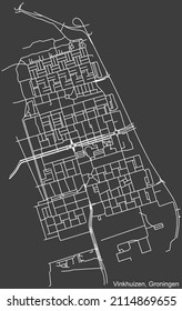 Detailed negative navigation white lines urban street roads map of the VINKHUIZEN NEIGHBORHOOD of the Dutch regional capital city Groningen, Netherlands on dark gray background