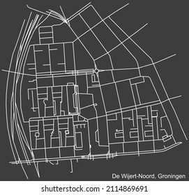 Detailed negative navigation white lines urban street roads map of the DE WIJERT-NOORD NEIGHBORHOOD of the Dutch regional capital city Groningen, Netherlands on dark gray background