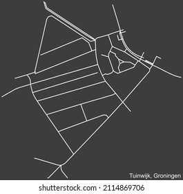 Mapa detallado negativo de las líneas blancas de navegación en las calles urbanas del BARRIO CONCORDABUURT DE TUINWIJK de la capital regional holandesa, Groningen, Países Bajos, sobre fondo gris oscuro
