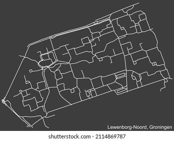 Detailed negative navigation white lines urban street roads map of the LEWENBORG-NOORD NEIGHBORHOOD of the Dutch regional capital city Groningen, Netherlands on dark gray background