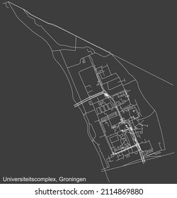Detailed negative navigation white lines urban street roads map of the UNIVERSITEITSCOMPLEX NEIGHBORHOOD of the Dutch regional capital city Groningen, Netherlands on dark gray background