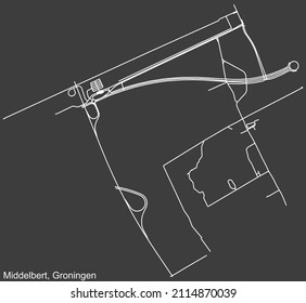 Detailed negative navigation white lines urban street roads map of the MIDDELBERT NEIGHBORHOOD of the Dutch regional capital city Groningen, Netherlands on dark gray background