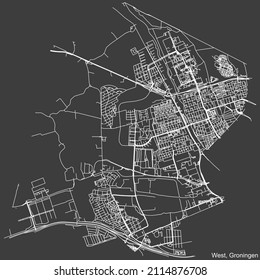 Detailed negative navigation white lines urban street roads map of the WEST DISTRICT of the Dutch regional capital city Groningen, Netherlands on dark gray background